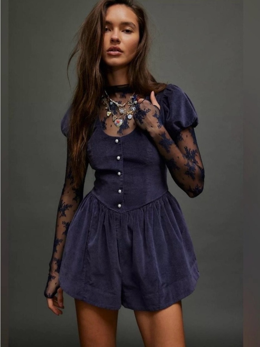 Free People Navy Velvet Short Romper with Pearl Buttons